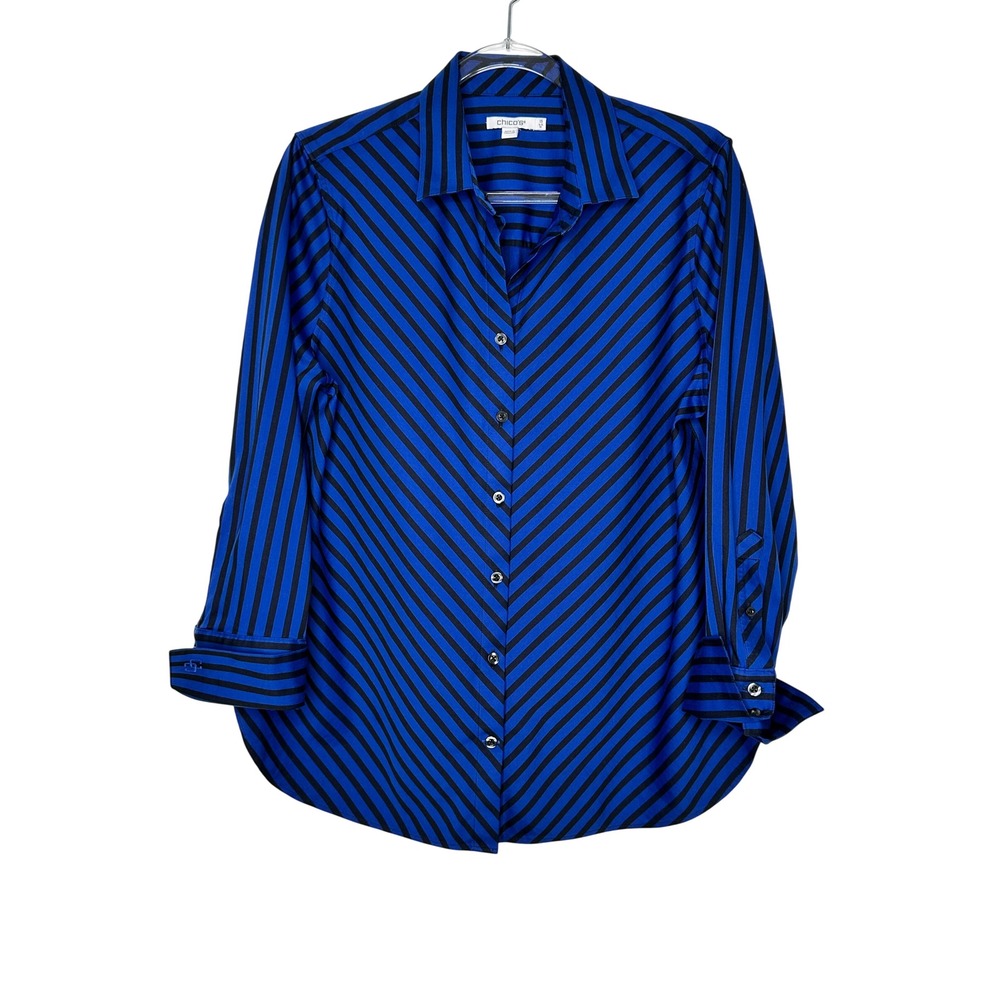 Chicos Button Down Shirt Size 10 Blue Black Striped Long Sleeve Cotton Office